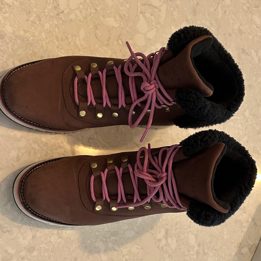 Cole Haan Black and Tan Suede Boots with Fuscia Laces